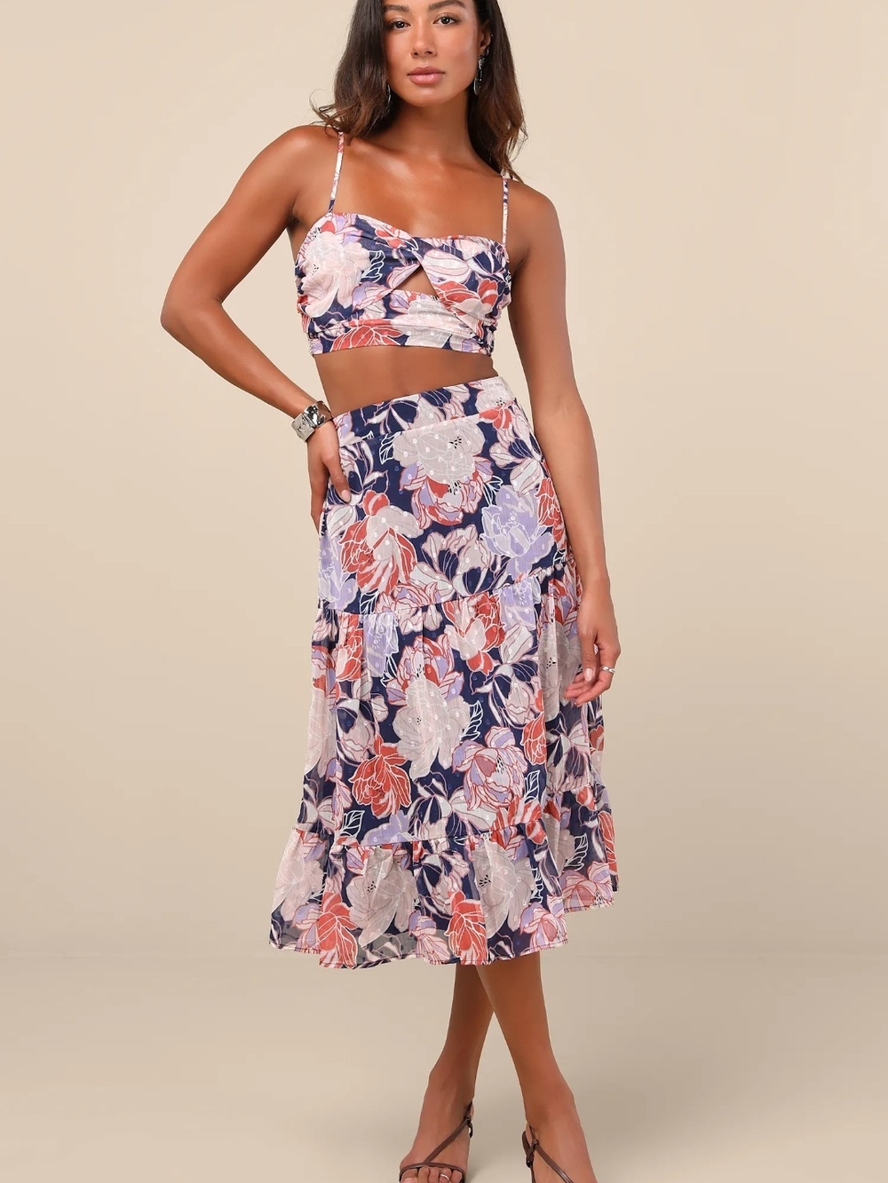 NWT Lulu's Floral Tiered Midi Skirt and Matching Peekaboo Top in Navy and Coral
